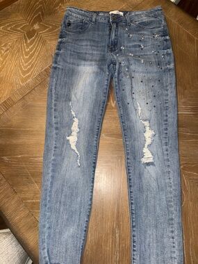 KANCAN 15/31 Blue Denim Distressed Skinny Jeans Embellishments Pearl And Stretch